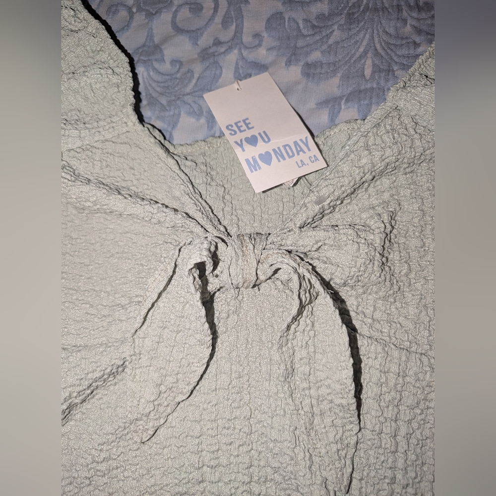 See You Monday Textured Tie-Front Top in  Green